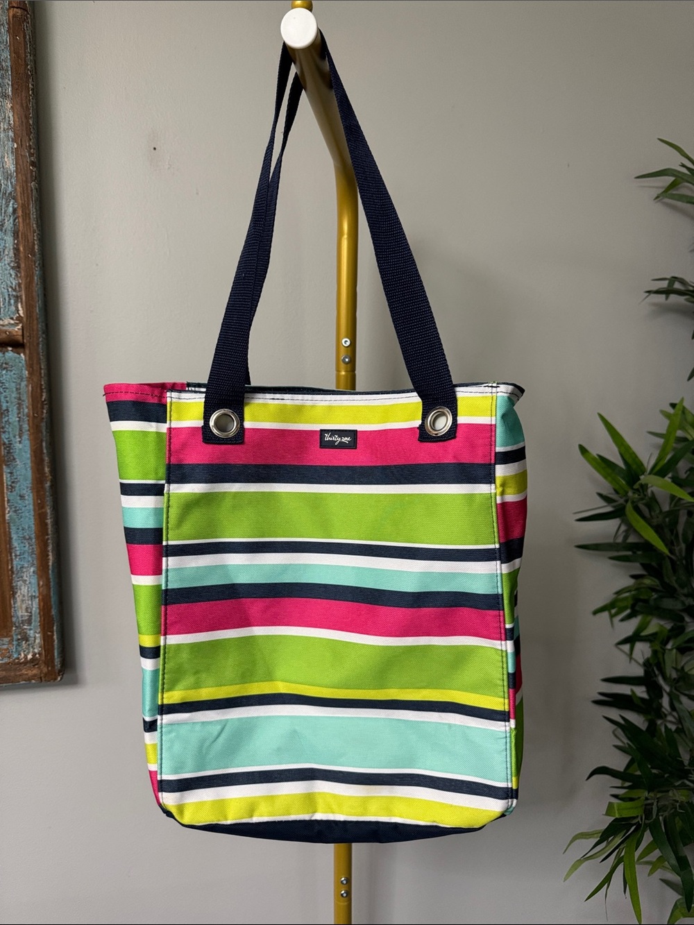 thirty-one Striped canvas office Tote in Lime, Aqua, Pink & Navy